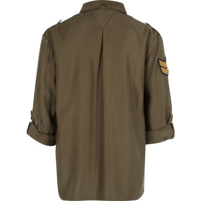 Khaki badge zip front shirt